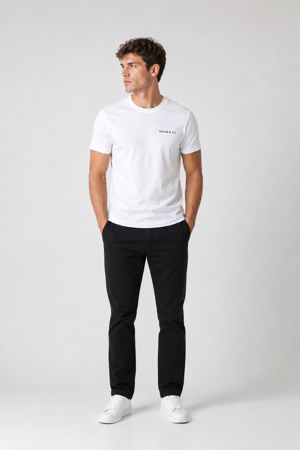 Phantom Tee — detail shot, embroidered Nawab & Co. logo